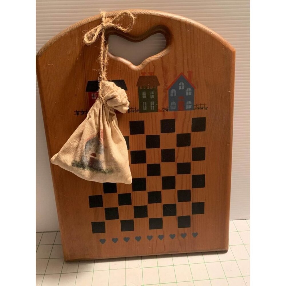 Handcrafted Wooden Checkerboard Painted Houses Heart Accents Includes Game Piece
